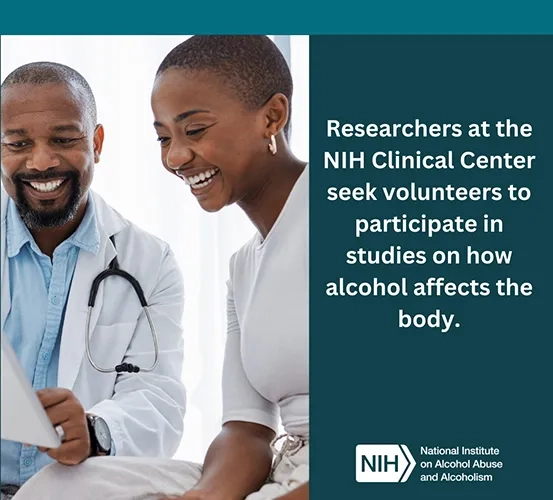 A doctor speaking with a patient. Researchers at the NIH Clinical Center seek volunteers to participate in studies on how alcohol affects the body